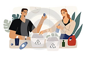 Young couple sorting plastic waste at home, separating PETE and HDPE botlles, caps and containers, collecting garbage
