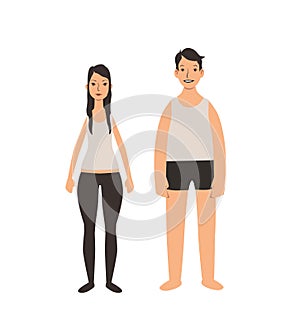 Young couple standing in the underware, front view. Colorful flat vector illustration. Isolated on white background.