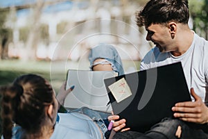 Young couple studying together in the park on a sunny day