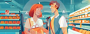 Young couple in the supermarket buying groceries. Blue and orange palette