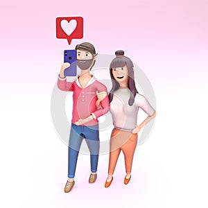 Young couple taking selfie together, love or like emoticon