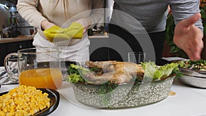 Young couple together served table before dinner.