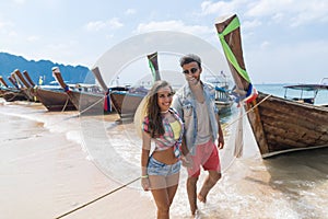 Young Couple Tourist Long Tail Thailand Boat Port Ocean Sea Vacation Travel Trip