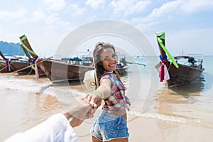 Young Couple Tourist Long Tail Thailand Boat Port Ocean Sea Vacation Travel Trip