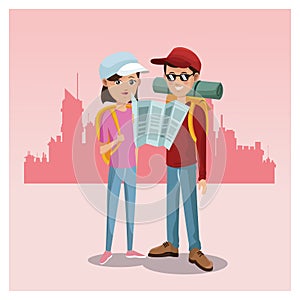Young couple tourist map rucksack cap traveler urban background