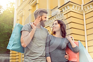 Young couple tourists city walk together vacation