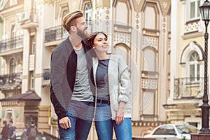 Young couple tourists city walk together vacation