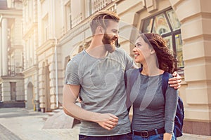 Young couple tourists city walk together vacation