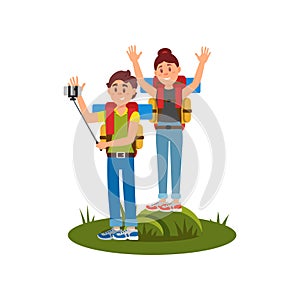 Young couple of tourists making selfie using monopod and camera. Summer hiking. Active recreation at nature. Flat vector