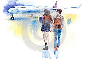 Young couple travelers going to airplane. Tourists passagers walking in to aircraft at airport