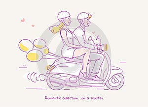Young couple traveling on scooter with balloons behind. Line illustration