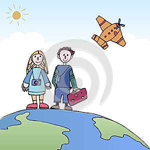 Young Couple traveling, standing on the world with a plane in th