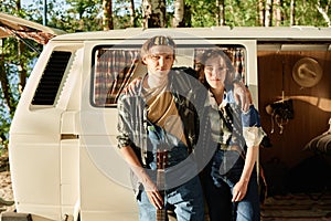 Young couple travelling by car