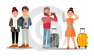 Young Couple Travelling on Vacation Vector Illustration Set