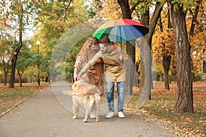 Young couple with umbrella and dog walking