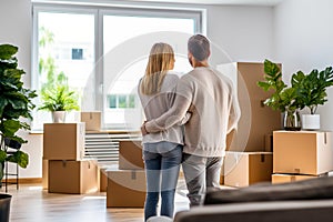 Young couple and unpacking boxes in new home on moving day. Concept of mortgage, family, real estate and home loan.