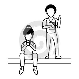 Young couple using smartphone avatars characters