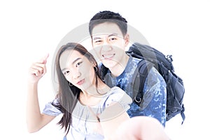 Young Couple video call and going on vacation in a foreign country. Young Couple selfie happy and go on the travel