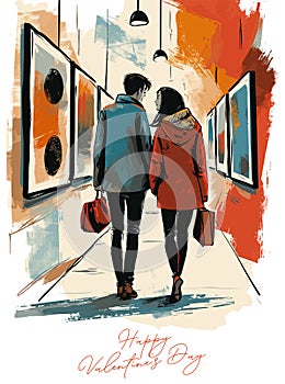 Young couple visiting the art gallery together and looking at the paintings. Valentine\'s Day concept, vector illustration