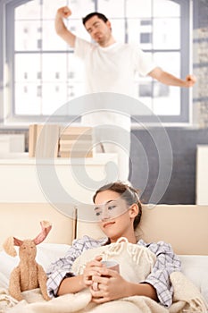 Young couple waking up in the morning together