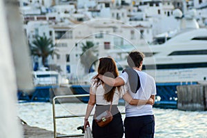 Young Couple Walk in Ibiza old town, called Dalt Vila. IBIZA