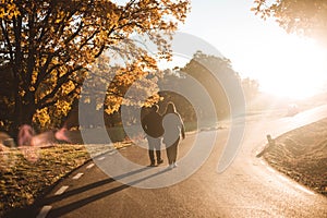 Young couple walking along asphalt road in colorful autumn beech and oaks forest. Autumn road in mountains. Love and nature