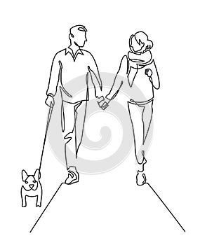 Young couple walking dog continuous one line vector drawing