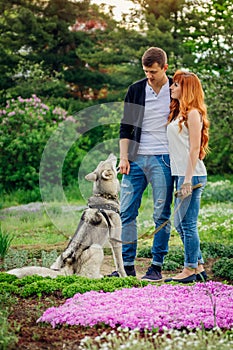 A young couple walking a dog in the park