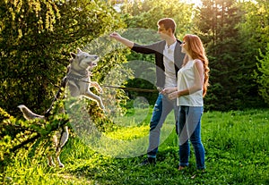 A young couple walking a dog in the park