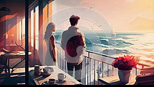 Young couple watching the horizon on their terrace - sea, sun. Generate Ai.