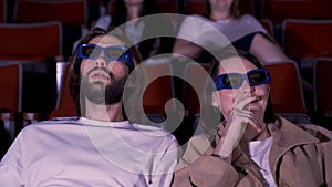 Young couple watching horror movie in 3D glasses. Media. Man and woman looking frightened and shocked while watching