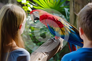 young couple watching a parrot preen its feathers in a zoo environment