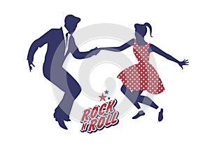 Young couple wearing 50`s clothes dancing rock and roll. Vector