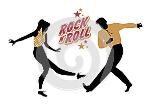 Young couple wearing 50`s clothes dancing rock and roll. Vector