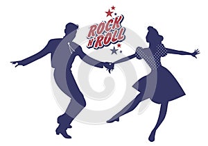 Young couple wearing 50`s clothes dancing rock and roll. Vector