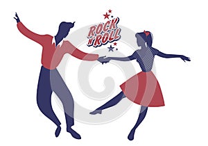 Young couple wearing 50`s clothes dancing rock and roll. Vector