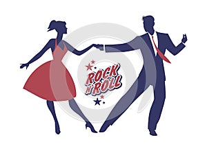 Young couple wearing 50`s clothes dancing rock and roll. Vector