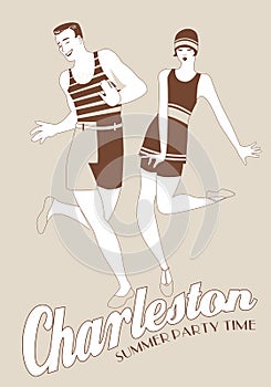 Young couple wearing retro style swimsuits, dancing Charleston