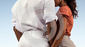 Young couple wearing white and pink clothes, on blue sky background, standing close to each other and holding hands. Generative AI