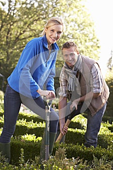 Young couple working in garden