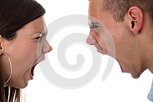 Young couple yelling at each other isolated