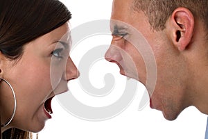 Young couple yells at each other isolated on white