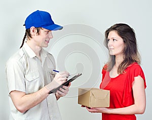 Young courier deliver package