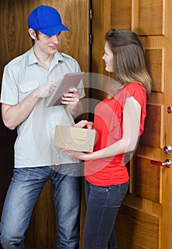 Young courier deliver package