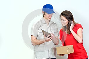 Young courier deliver package