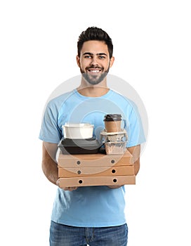 Young courier with different containers on white background.