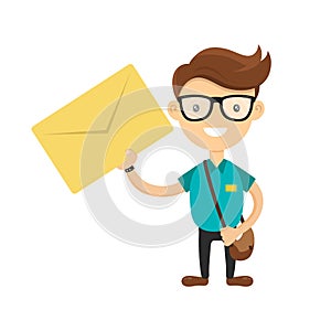 Young courier or postman delivered the letter. You have a letter concept. Vector flat cartoon character