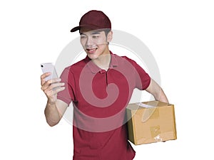 The young courier  using  smart phone to search and standing in front of a white background