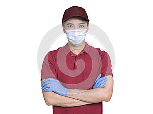 Young  couriers wear medical masks and gloves to protect  during the covid-19 epidemic