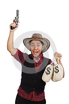 Young cowboy with gun and money bags isolated on